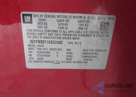 2010 Cadillac Srx Performance Collection z USA, uszkodzony, nr VIN 3GYFNBEY1AS623492